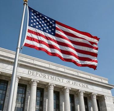 A low-angle shot of a majestic American flag waving proudly in front of the Department of Justice building, marble architecture in the background, blue sky, North American / US.