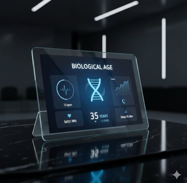 Digital health dashboard on a glass tablet displaying biological age of 35 years and DNA methylation
