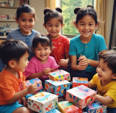 Close-up of a happy child holding a bright, whimsical toy from Happy Strings by Natasha.