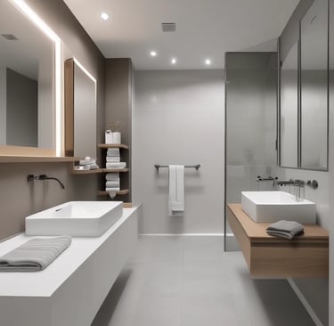 Bathroom with elegant fixtures and fresh towels neatly arranged