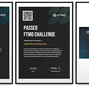 Three certificates for Jose Rius Ambrona for passing FTMO and Wall Street Funded prop firm trading challenges.