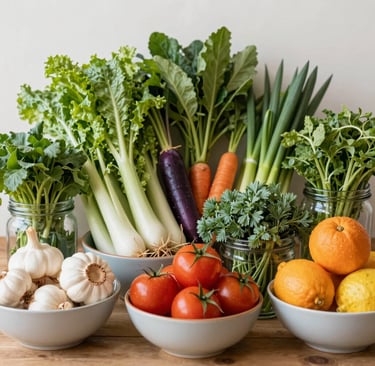 Fresh organic herbs and powders arranged neatly in bowls and jars