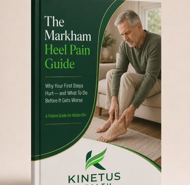 3D mockup of The Markham Heel Pain Guide by Kinetus Health for adults with morning heel pain and pla