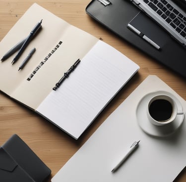 An elegant branded notebook and a cup of coffee resting on a minimalist desk setup.
