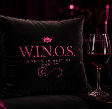 Pillow with W,I.N.O.S. Women In Need of Sanity podcast logo