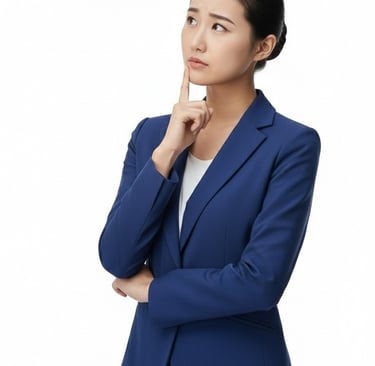 Professional businesswoman in a blue suit thinking and looking up against a white background.