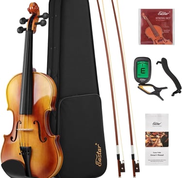 Full-size acoustic violin beginner kit with a hard case, bows, digital tuner, and spare strings.
