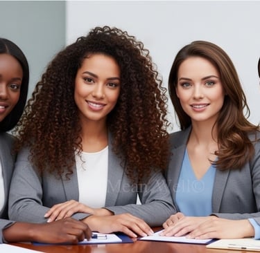 Diverse team of smiling professional businesswomen in grey blazers sitting at a conference table.