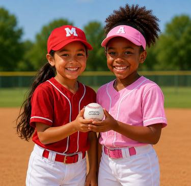 Two young girls in red and pink youth softball uniforms smiling while holding a baseball on a field.
