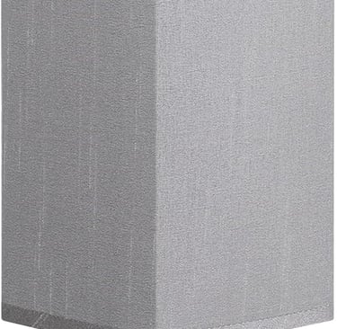Modern square table lamp with grey fabric shade and silver metal base for bedroom or office lighting.