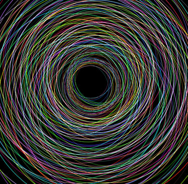 Abstract digital art of vibrant colorful concentric circles forming a neon tunnel on a black background.