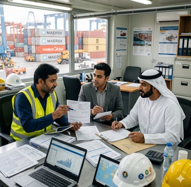 Logistics managers and a port official in traditional dress discuss shipping documents at a terminal office.