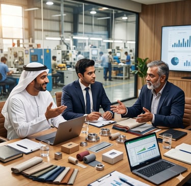 Diverse group of business professionals in a meeting at a modern manufacturing facility with laptops and textile samples.