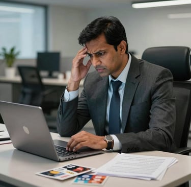 Stressed businessman in a suit working on a laptop at an office desk, looking frustrated and overwhelmed.
