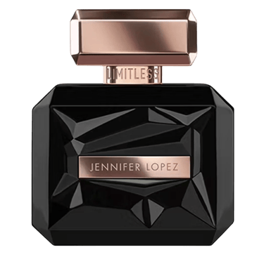 Jennifer Lopez Limitless perfume in a faceted black glass bottle with rose gold accents.