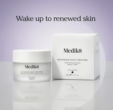 Medik8 Advanced Night Restore rejuvenating cellular repair cream jar and packaging for anti-aging skincare.