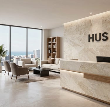 A sleek, modern office reception area with navy blue and gold accents reflecting a premium investment platform.
