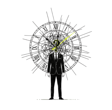 "Silhouette devant un enchevêtrement d'horloges – quand tout devient urgent faute de clarté