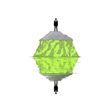 "Iceberg – petit sommet visible, fondations jaune-vert massives sous l'eau – force invisible"