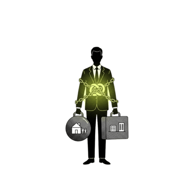 "Entrepreneur enchaîné portant valises maison-bureau – le mythe de l'équilibre vie-travail"