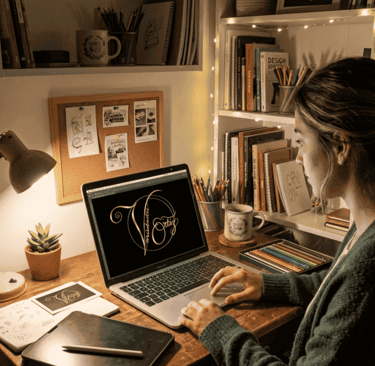 Un diseñador gráfico trabaja en una computadora portátil en un escritorio acogedor con iluminación.