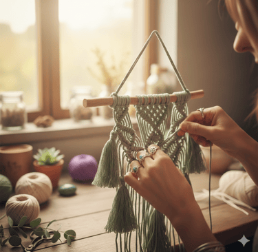 Tapiz de macramé verde hecho a mano, tejido por un artista en una mesa de madera bajo la luz del sol