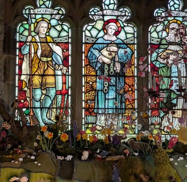 a view of stain glass window in a church in The Yorkshire Dales.