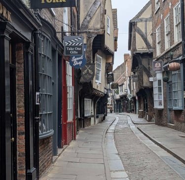 an image of the shambles in York. It is early in the morning as it is very quite. No one is in the p