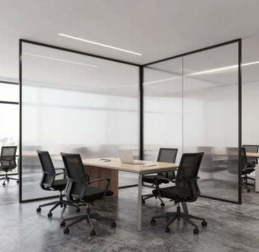 Facade of a modern office where strategic discussions take place, featuring maps and supply chain models.