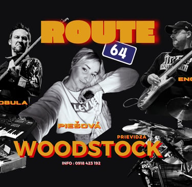 A concert poster in black and white with yellow-gold lettering and red drop shadow effects