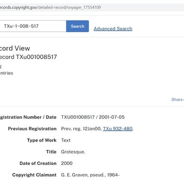 Grotesque, A Gothic Epic - U.S. Copyright Office Record