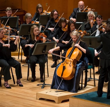 Mandy Hofheins soloing with her cello with the Utah Symphony