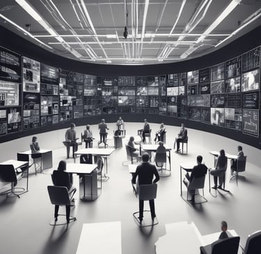 A sleek workspace with dual monitors displaying AI data visualizations in rich blue tones.