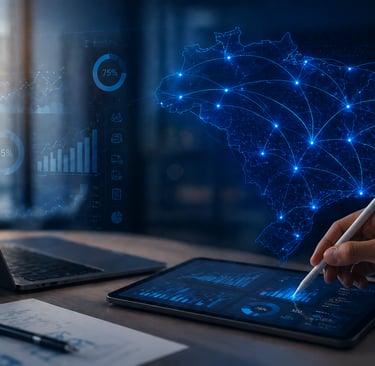 Digital dashboard with business analytics and a blue glowing Brazil map used for data visualization.