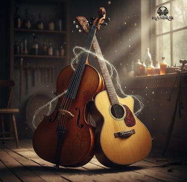 chello and guitar next to each other symbolising love between those two instrument