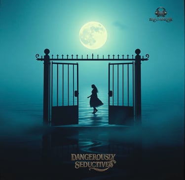 a cinematic photo of a metal gate, doors ajar, moon above, bluish colours, a woman between the doors