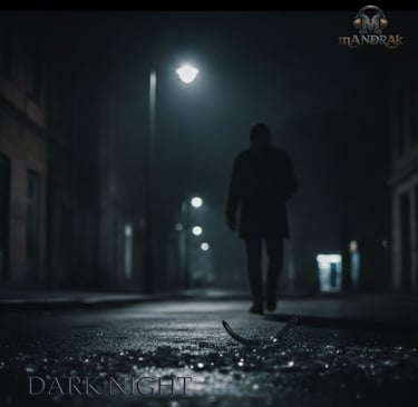 dark nigh by mandrak, showing man walking away in dark night, broken glass, dark colors