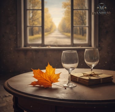 cinematic image of a coffee table with two empty wine glasses and an autumn leaf on it