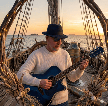 photo of mANDRAk with an acoustic guitar on a boat in Caribbeans