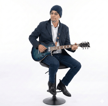 photo of mandrak sitting on a bar stool with a guitar