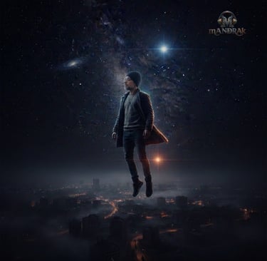 a man flying up in the air, towards the sky, night and dark colours, over a city