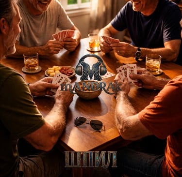 4 friends playing cards on a table, laughing, with whiskey glasses