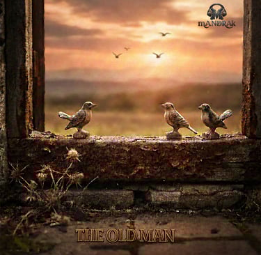 an old door cill with three wooden birds, nostalgic yellowish colours, representing missing family