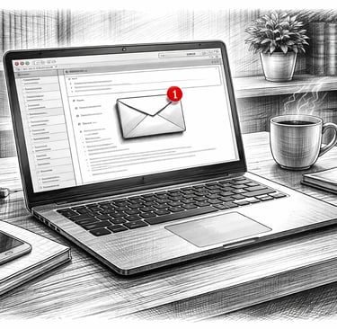 Pencil sketch of a laptop showing an email notification icon on a desk with coffee and books.