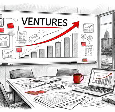 Business venture growth chart showing an upward red arrow on an office whiteboard sketch.