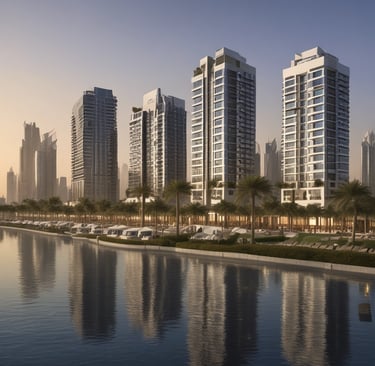 A sleek, modern office space with a view of Dubai's skyline at sunset.