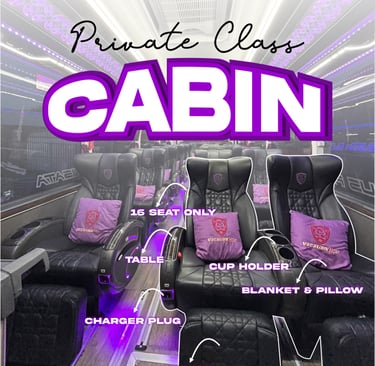 Luxurious private class cabin on a Vacation Bus, featuring 16 spacious seats with tables, cup holders, charger plugs