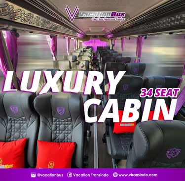Interior of a luxury 34-seat charter bus featuring black leather seats and red pillows.