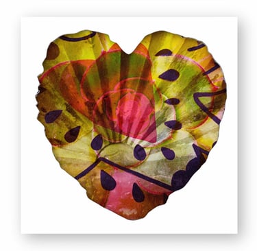 Heart-shaped abstract art piece with colorful floral patterns and geometric textures on a white background.