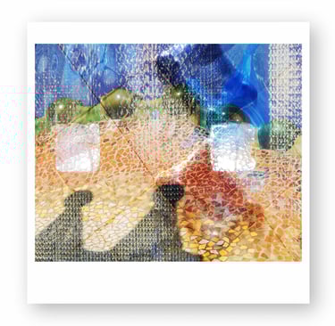 Abstract colorful glass mosaic art with vibrant blue, gold, and orange tiled patterns.